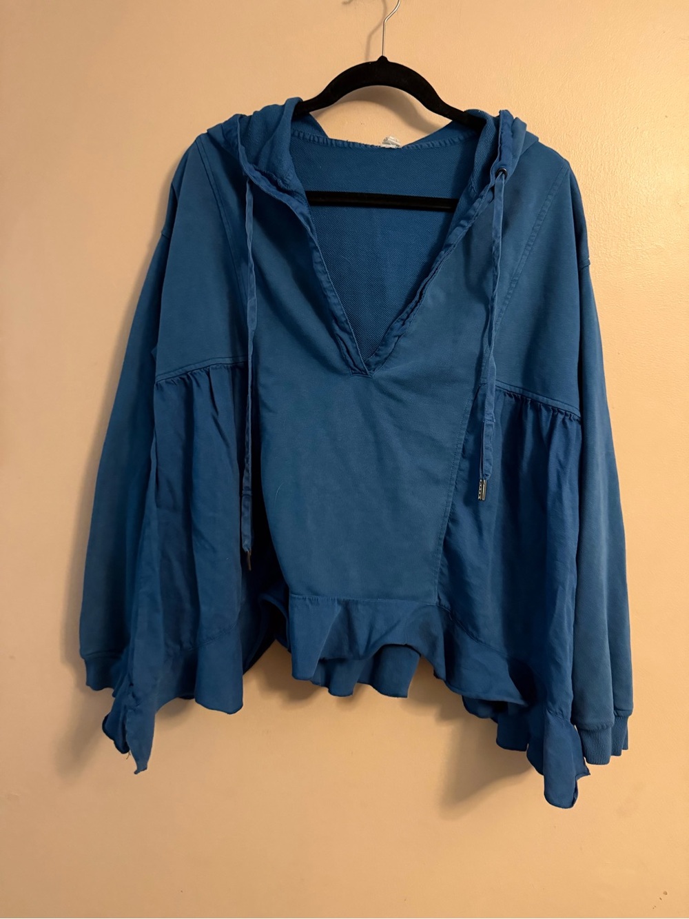 Blue V-Neck Hoodie with Ruffle Hem